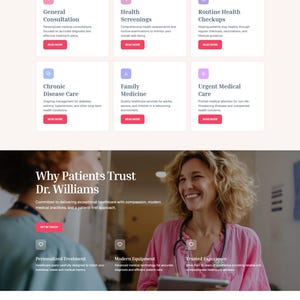 Peut inclure: Une mise en page de site web de clinique médicale avec un en-tête montrant un médecin, un graphique de cœur anatomique rouge, et des sections pour les services, témoignages, étapes de rendez-vous et coordonnées avec un stéthoscope violet.