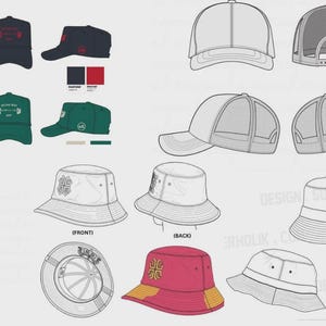 May include: A technical design sheet displaying various hat styles including trucker caps in black and green with red accents, and bucket hats in white and pink. The sheet includes front, side, back, and top views, along with color swatches and line drawings.
