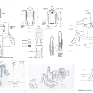 May include: A technical design document featuring line drawings of a wallet and a camera bag. The diagrams illustrate various components, including magnetic flaps, card pockets, currency sections, and strap attachments, with specific metric measurements.