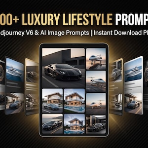 May include: A digital display showing 1000+ LUXURY LIFESTYLE PROMPTS Midjourney V6 & AI Image Prompts | Instant Download PDF. The screen features a grid of images including luxury cars, private jets, modern mansions, and watches on a dark background.