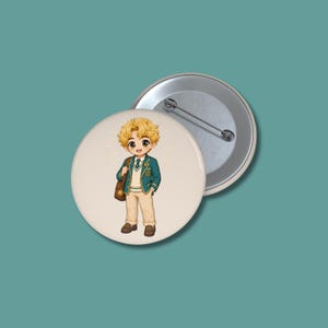May include: A round pin-back button featuring a cartoon illustration of a person with blonde hair wearing a teal blazer, white sweater vest, white shirt, tie, and beige trousers, carrying a brown satchel. The back shows a metal pin mechanism.