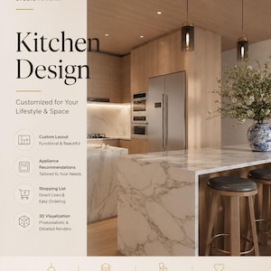 Peut inclure: Une publicité pour la conception de cuisine par Studio Mariam montrant des armoires en bois clair, un îlot en marbre blanc et deux tabourets de bar. Le texte inclut Kitchen Design, Customized for Your Lifestyle & Space et des services associés.