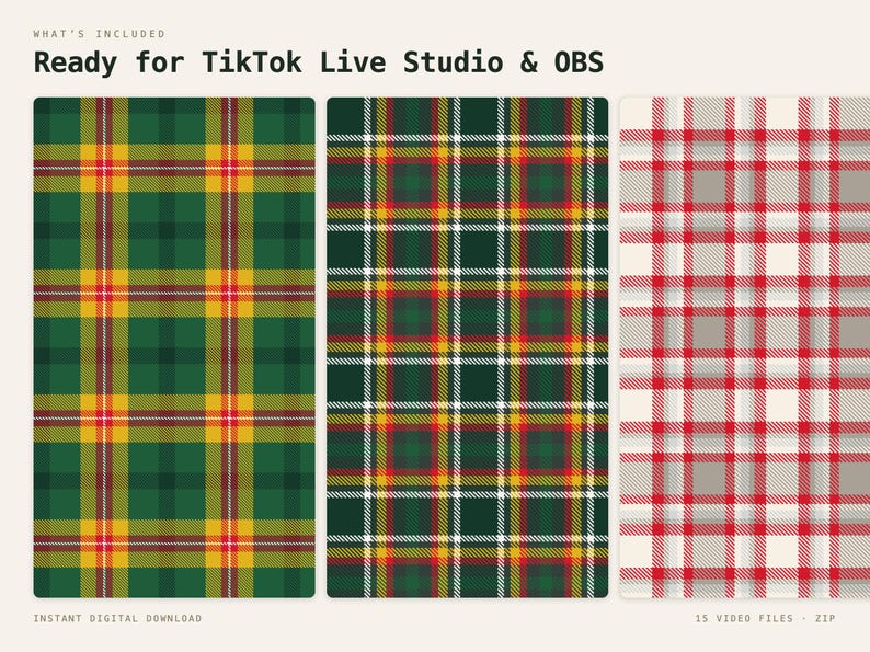 Christmas Tartan TikTok Live Background Bundle | 15 Seamless Looping Holiday Plaid Videos | Red Green Gold Vertical 9:16 MP4 OBS Stream image 5