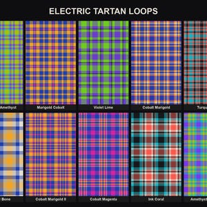 May include: A grid of ten distinct tartan patterns titled ELECTRIC TARTAN LOOPS. Each square features a unique colour combination including Chartreuse Amethyst, Marigold Cobalt, Violet Lime, Cobalt Marigold, Turquoise Ink, Marigold Bone, Cobalt Marigold II, Cobalt Magenta, Ink Coral, and Amethyst Chartreuse.