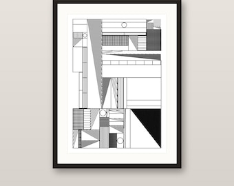 Molnár-Studie Nr. 92 | Originale 1/1-Stiftplotterzeichnung, handgezeichnete Architekturgeometrie, signierte Tuschezeichnung, A3, moderne Wandkunst