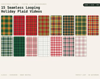 Weihnachtliches Tartan-TikTok-Live-Hintergrundpaket | 15 nahtlos ineinander übergehende Weihnachtskaro-Videos | Rot, Grün, Gold, Vertikal, 9:16 MP4 OBS-Stream