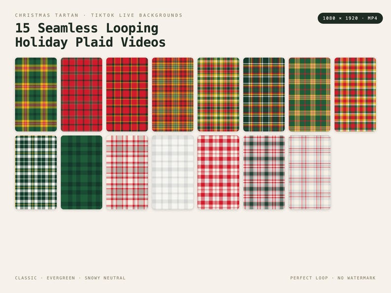 Christmas Tartan TikTok Live Background Bundle | 15 Seamless Looping Holiday Plaid Videos | Red Green Gold Vertical 9:16 MP4 OBS Stream image 1