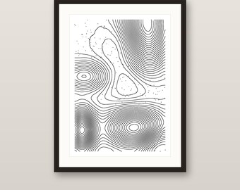 Topo Nr. 970 | Originale 1/1-Stiftplotterzeichnung, handgezeichnete topografische Konturen, signierte A3-Wandkarte mit Archivtinte