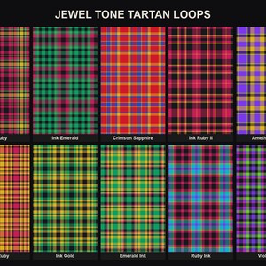 May include: A collection of ten rectangular swatches featuring Jewel Tone Tartan Loops patterns in various colour combinations including Ink Ruby, Ink Emerald, Crimson Sapphire, Ink Ruby II, Amethyst Gold, Gold Ruby, Ink Gold, Emerald Ink, Ruby Ink, and Violet Ink.