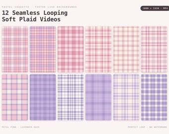 Pastellfarbenes TikTok-Live-Hintergrundpaket | 12 nahtlose, sich wiederholende Videos mit weichem Karomuster | Rosa-Lavendel-Creme, vertikal, 9:16 Min., MP4, OBS, süß