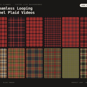 May include: A collection of 12 seamless looping flannel plaid videos featuring various red, green, and tan checkered patterns. The text 12 Seamless Looping Flannel Plaid Videos, 1080 x 1920 - MP4, 90s Grunge Flannel, and TikTok Live Backgrounds is visible.