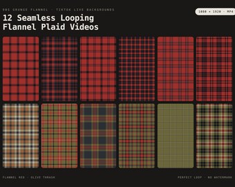 Grunge-Karo-TikTok-Live-Hintergrundpaket | 12 nahtlos ineinander übergehende 90er-Jahre-Flanell-Videos | Rot, Schwarz, Olivgrün, Vertikal, 9:16, MP4, OBS-Streamer