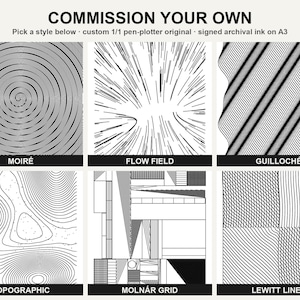 May include: A grid of six black and white pen-plotter art prints labeled COMMISSION YOUR OWN, Pick a style below, custom 1/1 pen-plotter original, signed archival ink on A3. Styles include Moiré, Flow Field, Guilloché, Topographic, Molnár Grid, and Lewitt Lines.
