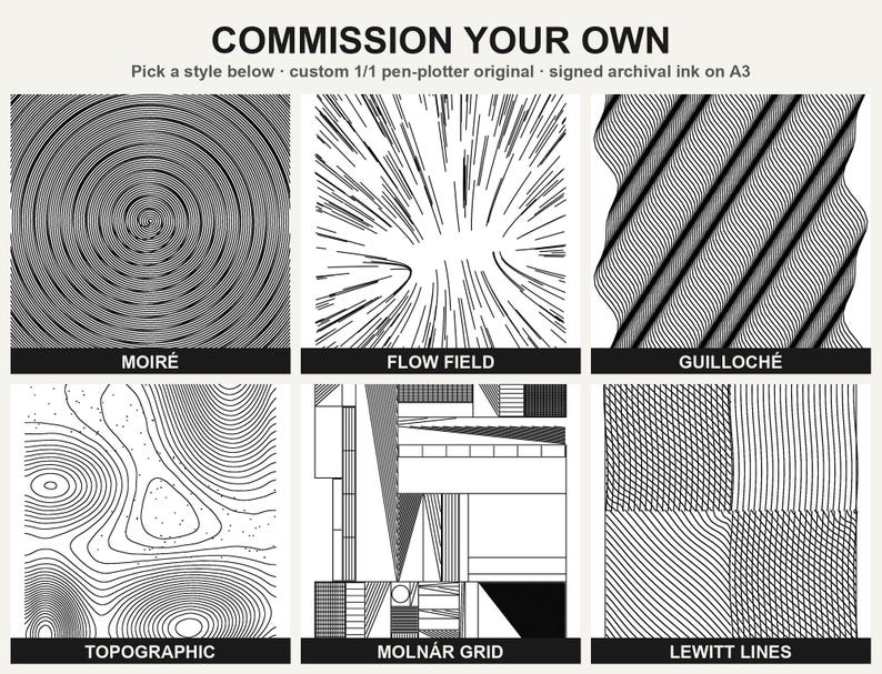 Custom Pen Plotter Drawing Made to Order, Commission a 1/1 Generative Ink Original, Your Style and Palette, Signed Archival A3 Wall Art image 1