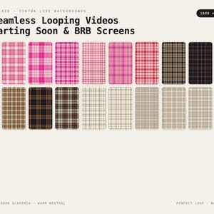 May include: A collection of 20 seamless looping videos featuring various tartan plaid patterns in shades of pink, red, black, and neutral beige. The text reads TARTAN PLAID - TIKTOK LIVE BACKGROUNDS, 20 Seamless Looping Videos + Starting Soon & BRB Screens.