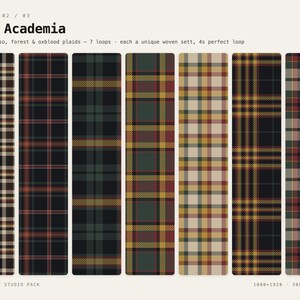 May include: Seven vertical rectangular panels featuring distinct plaid patterns in ink, espresso, forest, and oxblood colorways. The text at the top reads Colorway 82 / 83 Dark Academia, Ink, espresso, forest & oxblood plaids, 7 loops, each a unique woven sett, 4s perfect loop, and Tartan Live Studio Pack at the bottom.