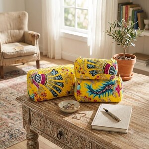 Trousse de toilette matelassée en coton, imprimé indien paon et souci, style bohème