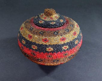 decorative folk art multicolor BEADWORK BASKET w lid handcrafted Bali Indonesia