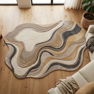 Organic Contour Map Rug Hand Tufted, Camel Grey Wool Area Rug, Mixed Texture Freeform Carpet, Artistic Home Decor Rug