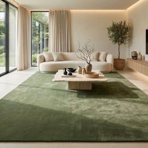 Puede incluir: Una alfombra rectangular grande de color verde oliva profundo y sólido con una textura suave y uniforme. La alfombra está colocada centralmente sobre un suelo de color claro, cubriendo una parte importante del espacio bajo una mesa de centro.