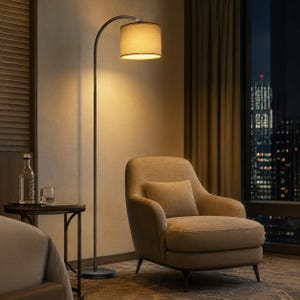 Lampadaire arc nordique, abat-jour en lin beige de 170 cm, tête orientable, interrupteur au pied