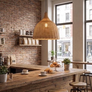 Può includere: Una grande lampada a sospensione a forma di campana realizzata in rattan intrecciato color marrone chiaro. La lampada presenta un'ampia apertura circolare sul fondo e una parte superiore affusolata, sospesa da un sottile cavo nero.