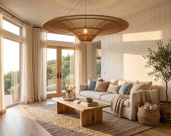 May include: A large, circular, tiered bamboo pendant light fixture hangs above a wooden coffee table and a beige sofa with light blue and tan throw pillows. The room features light wood flooring, a woven rug, and floor-to-ceiling windows.