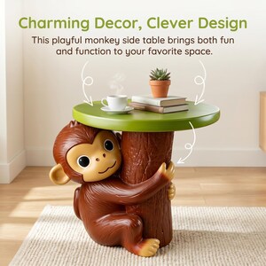 Playful Hugging Monkey Tree Trunk Resin Side Table, Green Round Top Animal Accent End Table, Weatherproof Whimsical Stand For Living Room
