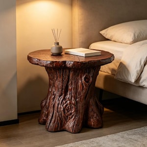May include: A round side table crafted from a dark brown tree stump with a textured, gnarled bark exterior and a smooth, flat top surface. The table features a visible wood grain pattern and a natural, irregular edge along the circular tabletop.