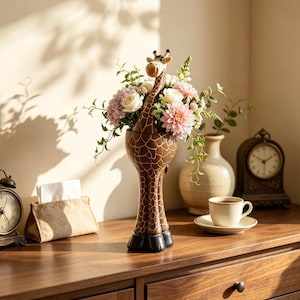 Resin Giraffe Sculpture Vase Planter, Textured Safari Animal Flower Pot, Decorative Floral Container for Living Room, Boho Indoor Home Decor