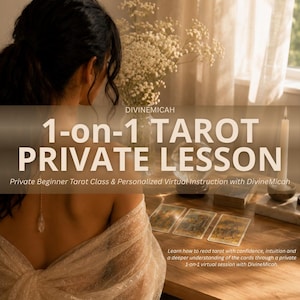 May include: A wooden table displays three tarot cards, a crystal ball, and a lit candle. Text on the image reads: DIVINEMICAH 1-on-1 TAROT PRIVATE LESSON, Private Beginner Tarot Class & Personalized Virtual Instruction with DivineMicah.