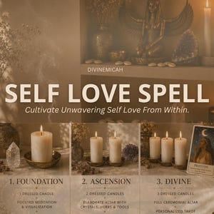May include: A ritual kit titled SELF LOVE SPELL by DIVINEMICAH featuring three tiers of candle sets. The image displays one, two, and three cream-coloured pillar candles in brass bowls, accompanied by crystals, dried flowers, and a Priestess tarot card.