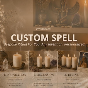 May include: A ritual service advertisement titled CUSTOM SPELL by DIVINEMICAH. It displays three tiers: 1. FOUNDATION with one candle, 2. ASCENSION with two candles, and 3. DIVINE with three candles, tarot cards, crystals, and herbs in a warm, lit setting.