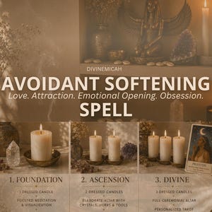 May include: A ritual kit display featuring the text DIVINEMICAH AVOIDANT SOFTENING SPELL. The image shows three tiers of candle sets labelled 1. FOUNDATION, 2. ASCENSION, and 3. DIVINE, with imagery of candles, crystals, and a statue of a winged deity.