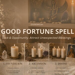 May include: A ritual set featuring candles, crystals, and a tarot card with the text DIVINEMICAH GOOD FORTUNE SPELL Luck & Opportunity. Attract Unexcpected Blessings. The image displays three stages: 1. FOUNDATION, 2. ASCENSION, and 3. DIVINE.