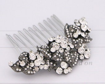 Bridal headpiece Black Crystal hair comb Wedding hair accessories floral Wedding hair comb Rhinestone hair piece Wedding comb Side hair comb