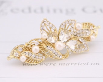 Gold Wedding barrette clip Rose gold Wedding hair comb Pearl Side hair clip Crystal hair comb Rhinestone barrette Bridal hair comb side clip