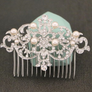 Bridal hair comb silver Bridal hair accessories Pearl side comb Wedding hair piece Bridal hair jewelry Wedding hair comb Rhinestone hair pin image 4