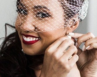 birdcage veil fascinator with veil Birdcage veil hair comb Silver wedding birdcage veil White birdcage veil Ivory Wedding headpiece veil