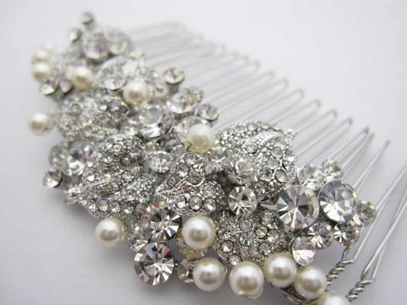 Pearl and Crystal hair comb Side bridal hair comb Rhinestone Wedding comb Side hair comb Wedding headpiece Bridal hair accessories floral image 6