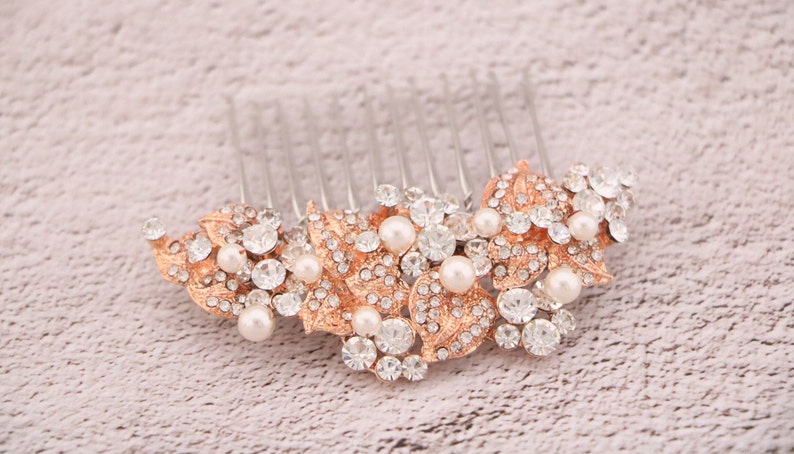 Pearl hair comb Gold veil comb Side bridal headpiece Wedding hair accessories floral Wedding hair comb Rhinestone Bridal hair comb hairpiece Rose gold tone