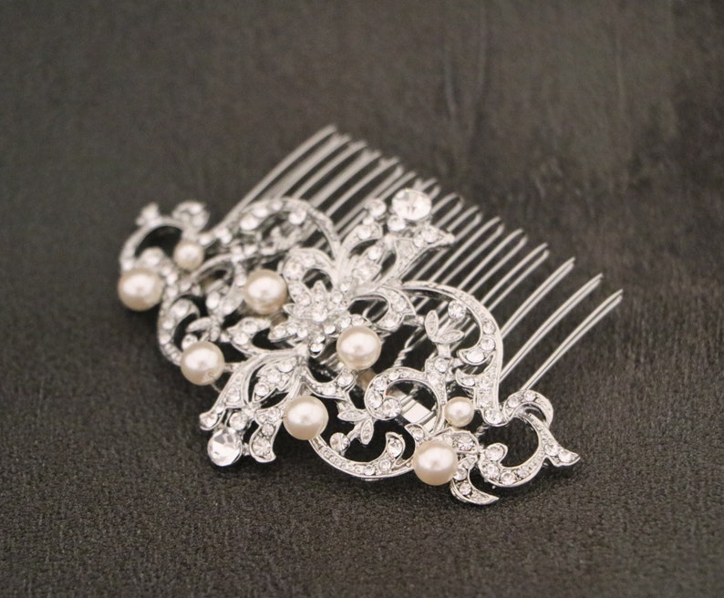 Bridal hair comb silver Bridal hair accessories Pearl side comb Wedding hair piece Bridal hair jewelry Wedding hair comb Rhinestone hair pin image 2