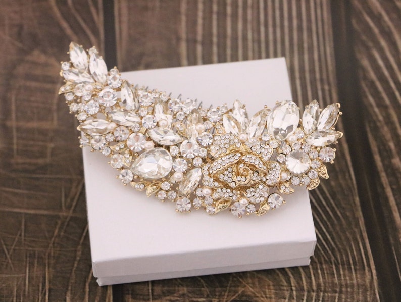 Bridal hair comb Crystal and Pearl Bridal comb Wedding hair piece Wedding hair clip Large Wedding side comb Bridal hair comb Rhinestone comb Gold tone