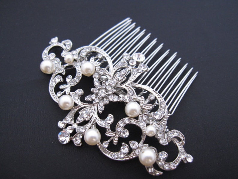 Bridal hair comb silver Bridal hair accessories Pearl side comb Wedding hair piece Bridal hair jewelry Wedding hair comb Rhinestone hair pin image 10