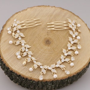 Wedding hair chain Pearl hair piece hair chain Wedding hair accessories hair chain Gold Crystal hair chain Bridal headpiece hair chain Side