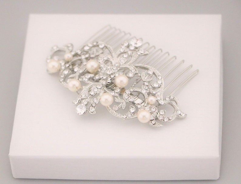 Bridal hair comb silver Bridal hair accessories Pearl side comb Wedding hair piece Bridal hair jewelry Wedding hair comb Rhinestone hair pin image 9