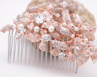 Wedding hair comb Rose gold Side hair comb Pearl side comb Wedding hair accessories floral Bridal hair comb Wedding headpiece Bridal comb in