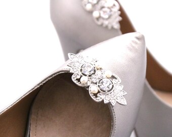 Silver Bridal shoe clips Pearl shoe clips Crystal shoe clip Rose gold