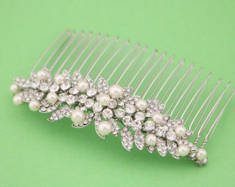 Bridal hair comb Side bridal headpiece Pearl and Crystal hair comb Silver Wedding hair comb Rhinestone hair piece Wedding hair jewelry Boho