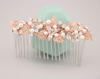 Peineta de novia con perlas para el pelo, peineta de novia con diamantes de imitación, peineta de velo dorado, peineta de boda, peineta de cristal de oro rosa, accesorios para el pelo de boda